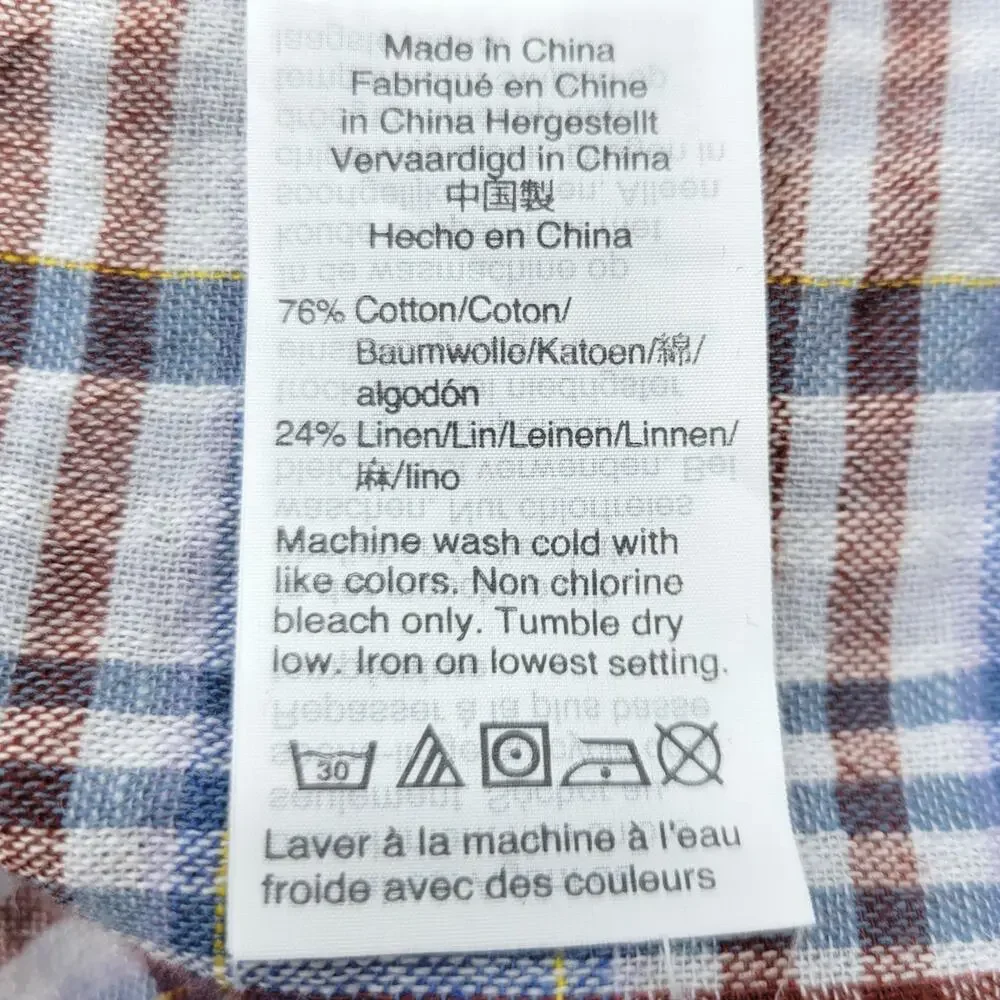 Madewell Popover Blouse Top Blue Plaid Puff Sleeve Swing Pleated Cotton Linen